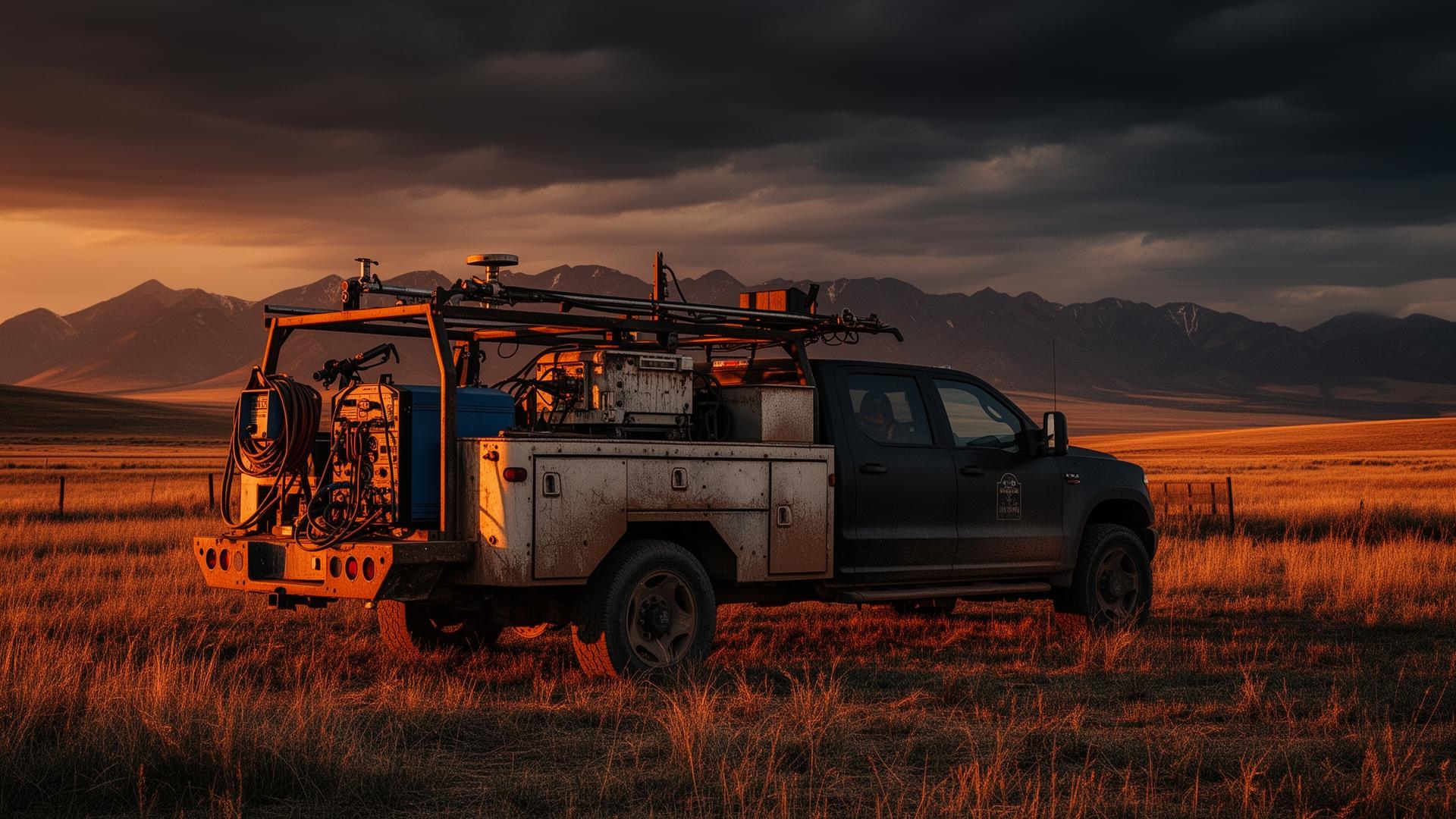 Mobile welding rig on Montana ranch at sunset